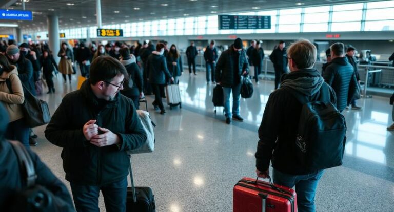Crowded airport terminal with travelers and two men in the foreground; one man glances at his watch beside a red rolling suitcase.