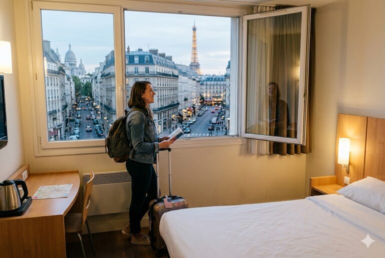 Young woman with a backpack and rolling suitcase by a hotel room window, looking at a Paris street with the Eiffel Tower in view.