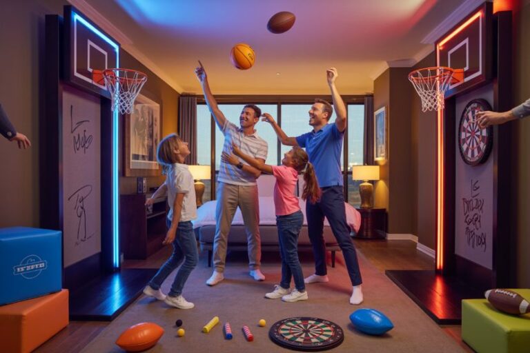 Family of four playing basketball together in a bright game room with two hoops and a dartboard nearby.