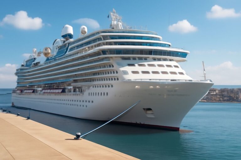 Large white cruise ship docked at a sunny port, tied to a pier with mooring lines visible on calm water.