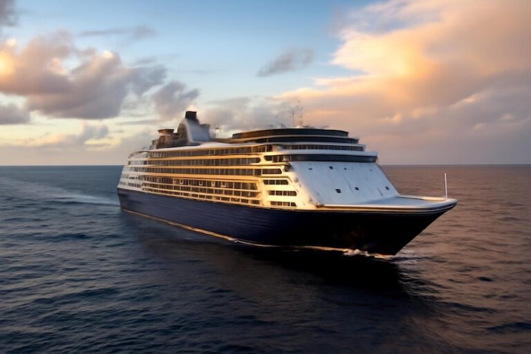 Large white-and-blue cruise ship gliding on calm ocean at sunset with warm clouds above the horizon.