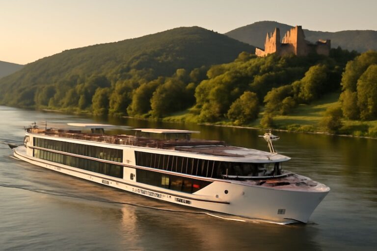 White river cruise boat gliding on a calm river with forested hills and a castle ruin on a distant hill at sunset.