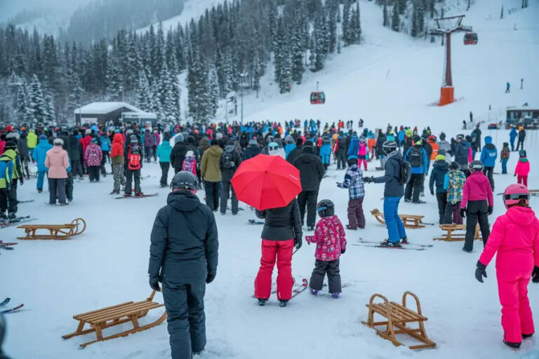 Crowd of skiers and snowboarders gathered on a snowy plaza near a chairlift with a red umbrella as a focal point, surrounded by trees and sleds.