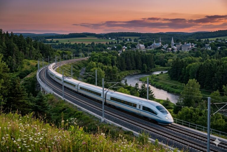 A high-speed white train curves along an elevated railway through a green valley at sunset, with a river and a village in the distance.