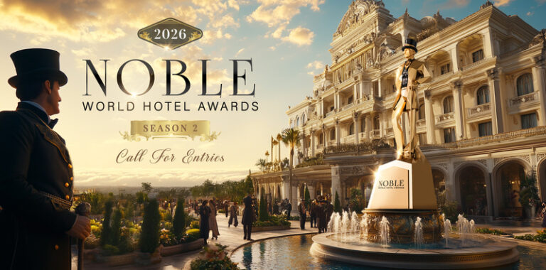 Promotional scene for 2026 Noble World Hotel Awards Season 2: grand hotel facade, fountain statue, sunset sky, and people arriving;