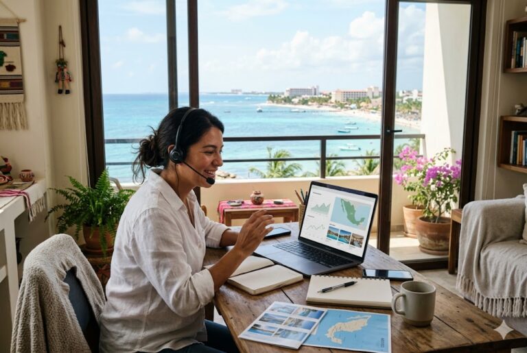 Woman wearing a headset sits at a wooden desk, smiling while using a laptop with an ocean view behind her.