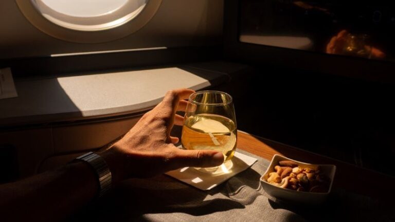Person’s hand holding a glass of white wine on an airplane tray table, with a bowl of mixed nuts nearby near a window light.