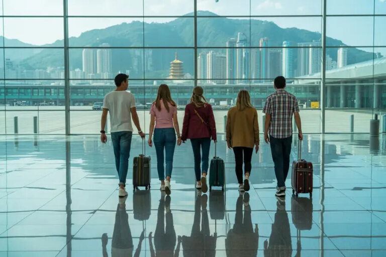 Five travelers walk away from the camera with rolling suitcases through a glass-walled airport terminal, city skyline and mountains visible outside.