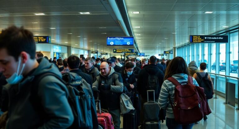 Crowded airport terminal with travelers in a long security line, many with luggage and backpacks, some wearing masks.