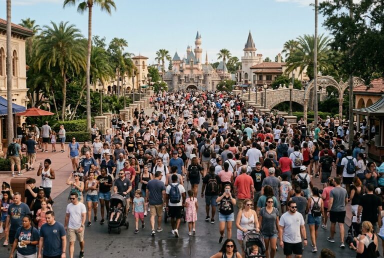 Crowded walkway at a theme park with a castle in the distance and palm trees lining the street.