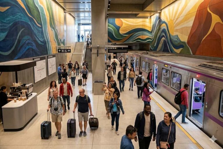 Busy subway platform with passengers walking, some pulling suitcases, colorful abstract murals along the walls, a train on the right.