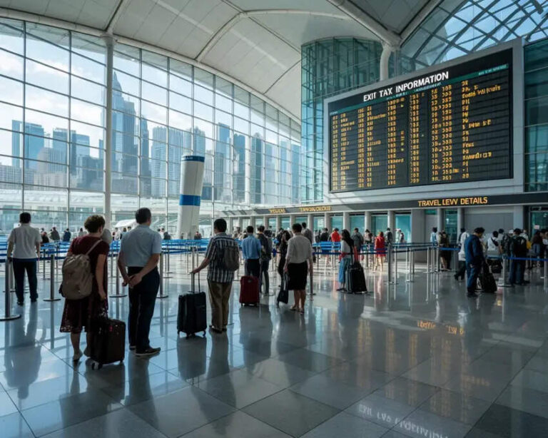 Airport terminal with travelers and a large digital flight information board showing numbers and times.