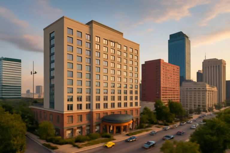 A city street lined with tall buildings at sunset, foreground building with brick base and curved entryway.