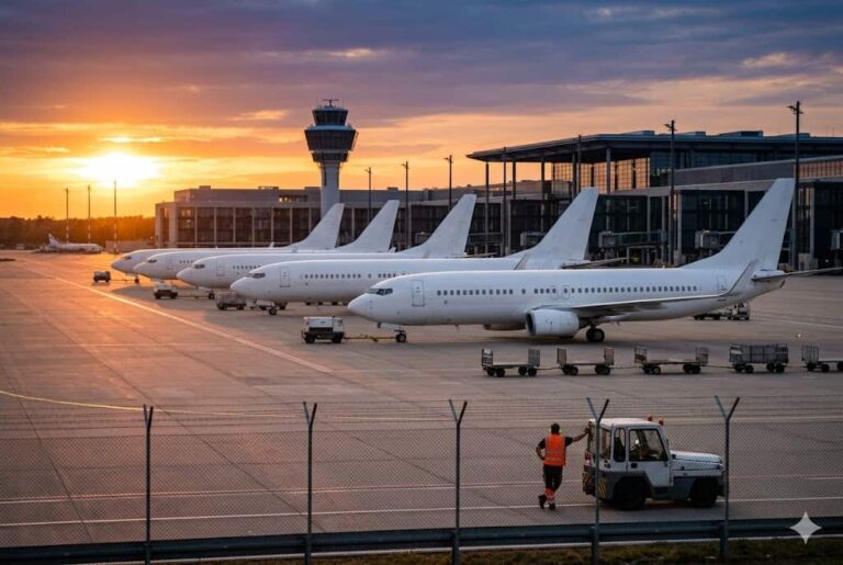 Sunset over an airport tarmac with several white passenger planes parked near a terminal, a control tower in the distance, and a worker in an orange vest by a small vehicle near a chain-link fence.