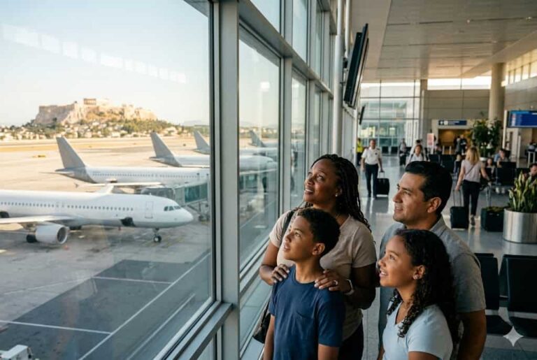 Family of four looks out at airplanes parked at the terminal window at the airport.