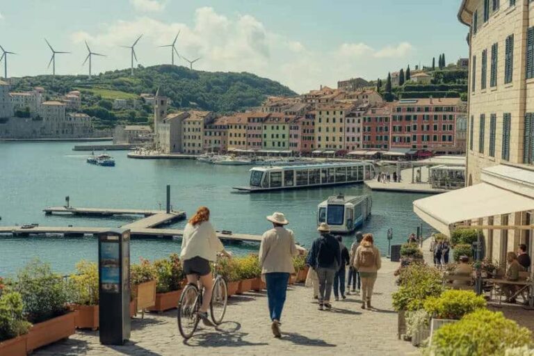 Harbor promenade in a sunny coastal town with pastel buildings, a glass-roofed boat, pedestrians, and a cyclist, with wind turbines on the hillside in the background.