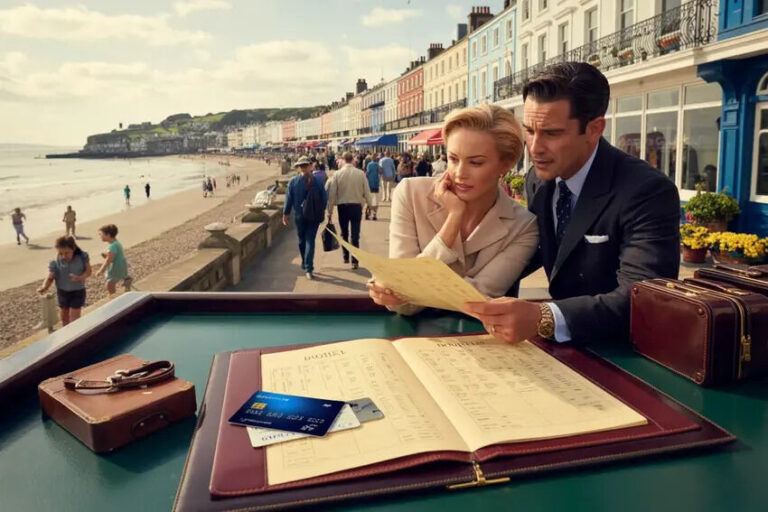 Elegant couple in business attire reads a document at an outdoor concierge desk on a sunny seaside promenade, with a beach and colorful shops in the background.