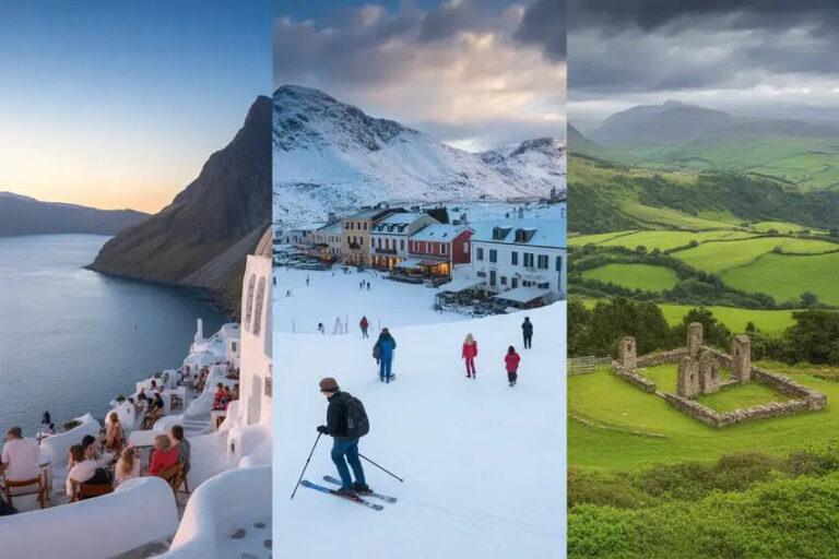 Triptych of landscapes: Santorini coast at sunset, a snow-covered alpine village with skiers, and rolling green hills with stone ruins.