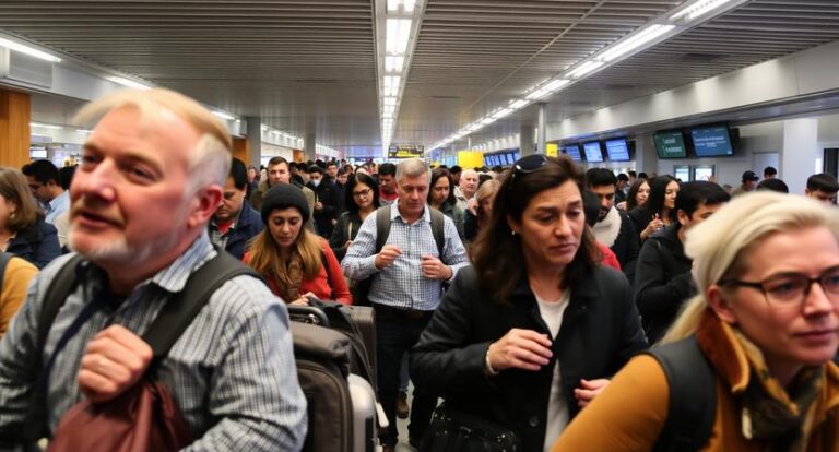 Crowded airport concourse with travelers carrying backpacks and rolling luggage, waiting in line or moving through security.