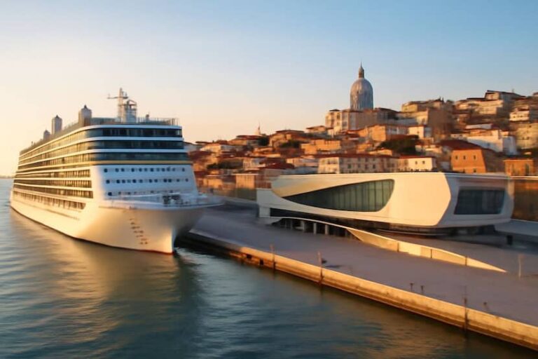 Large white cruise ship docked at a modern terminal beside calm water, with a historic hillside town in the background.