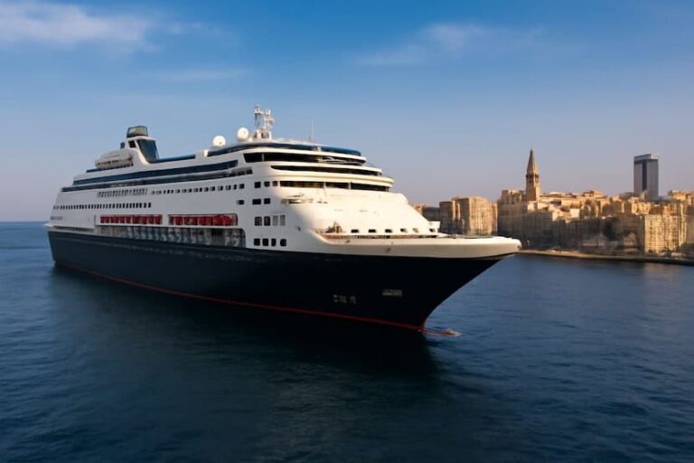 Large white cruise ship sailing near a coastal city with historic buildings along the shore.