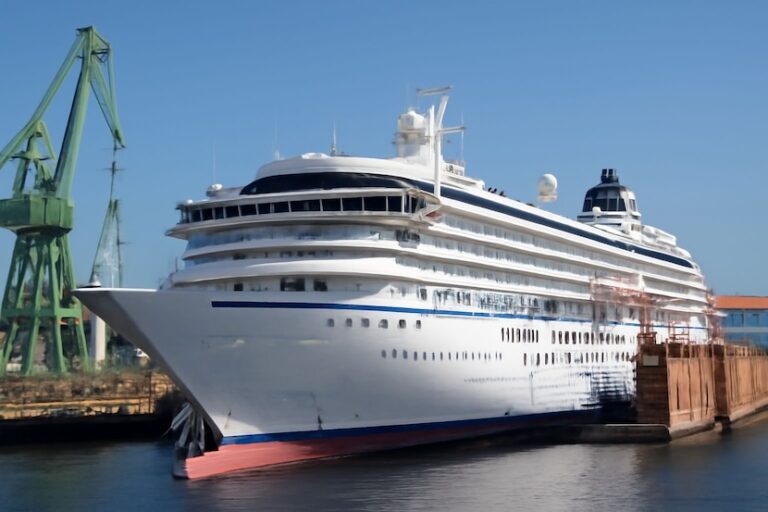 White luxury cruise ship docked at a port with green cranes in the background, under a clear blue sky.