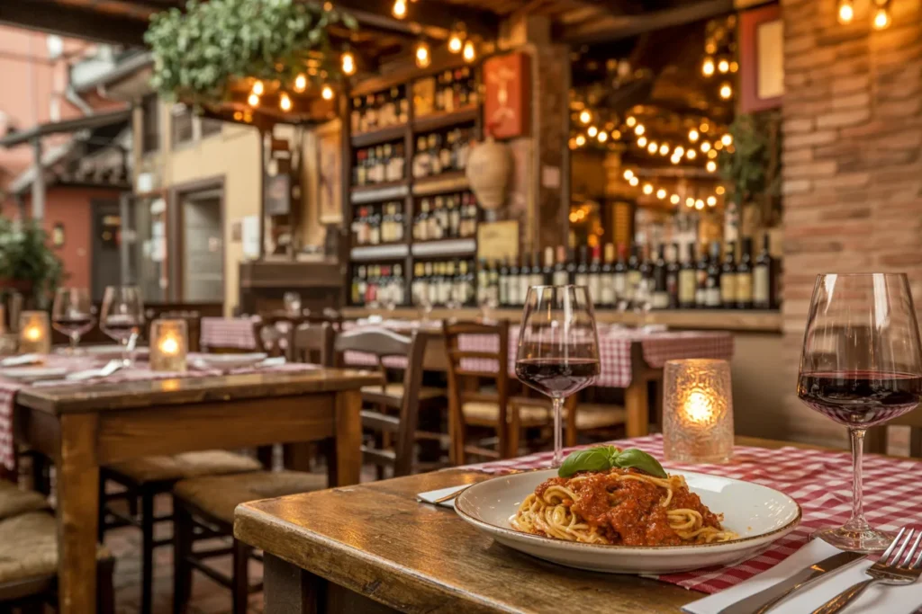 Plate of spaghetti with tomato sauce and fresh basil on a rustic wooden table in a cozy wine bar setting.