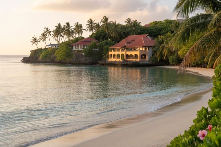 Beachfront villa with red-tiled roof on a rocky promontory, palm trees, and calm turquoise water at sunset.