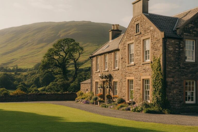 Stone country house with ivy-clad wall, colorful flower beds, and a neatly kept lawn in a tranquil rural setting.