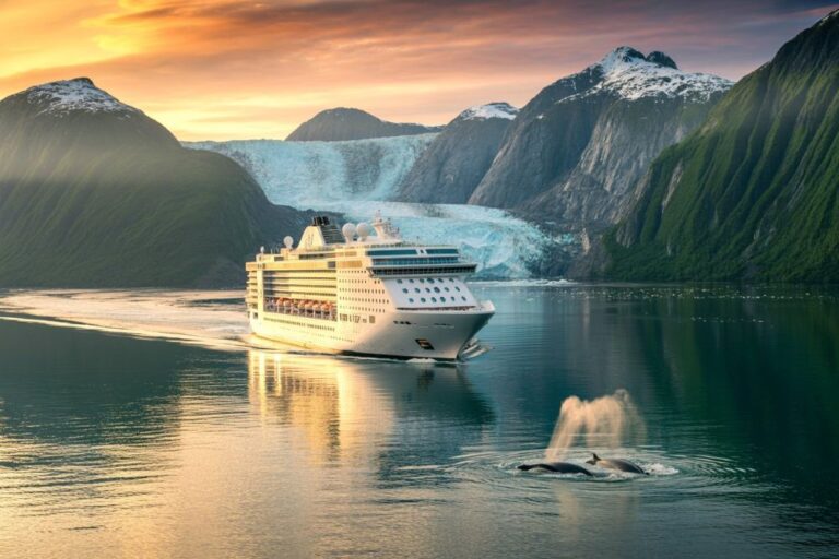 Large white cruise ship sails through a calm fjord with green cliffs at sunset; two whales surface nearby, spouting water.