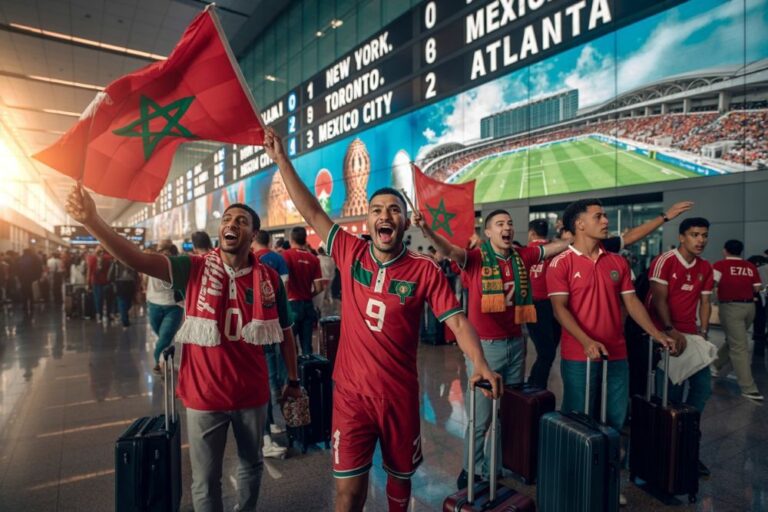 Moroccan soccer fans at an airport celebrating, holding a red flag with a green star amid luggage and a stadium mural in the background