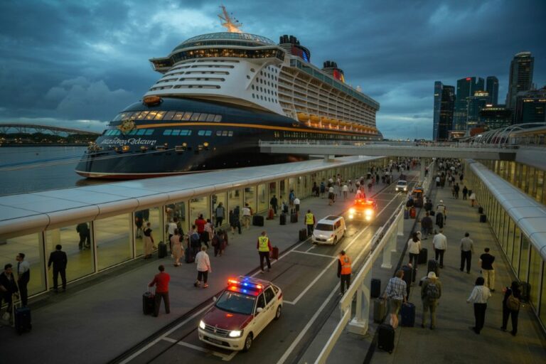 Cruse ship moored at a terminal with people walking on a skywalk and vehicles nearby under a cloudy evening sky.