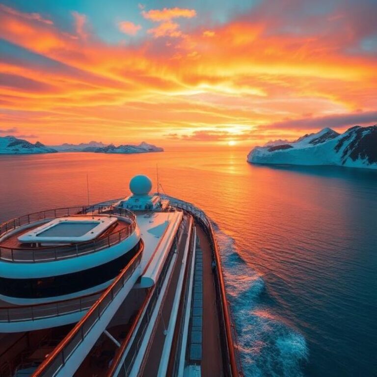 Cruise ship bow at sunset, vibrant orange sky over calm icy waters and snow-covered mountains ahead