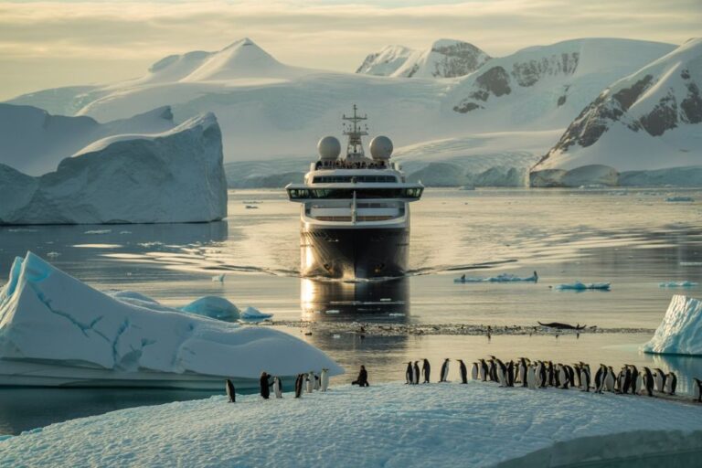 A large expedition ship sailing through icy waters with penguins gathered on an ice floe in the foreground and snow-covered mountains in the background