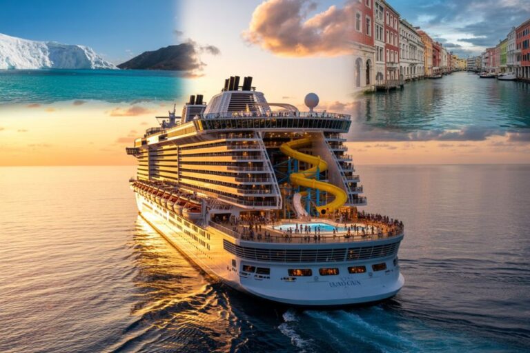 Montage of a large cruise ship with yellow water slides at sunset, with ocean and a canal-side cityscape in the background.