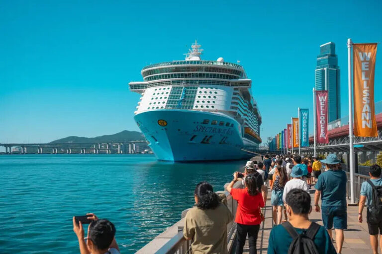 Large white cruise ship docked at a sunny harbor with a crowd of people on the promenade taking photos.