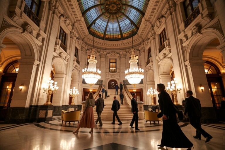 Grand hotel lobby with a domed glass ceiling, ornate chandeliers, and people in formal wear walking across a marble floor.
