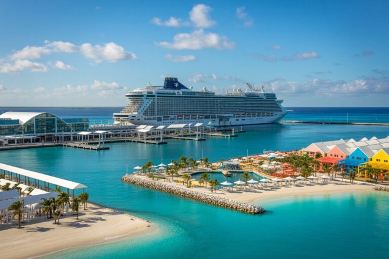 Cruise ship docked at a tropical port with clear turquoise water and colorful beach huts nearby.