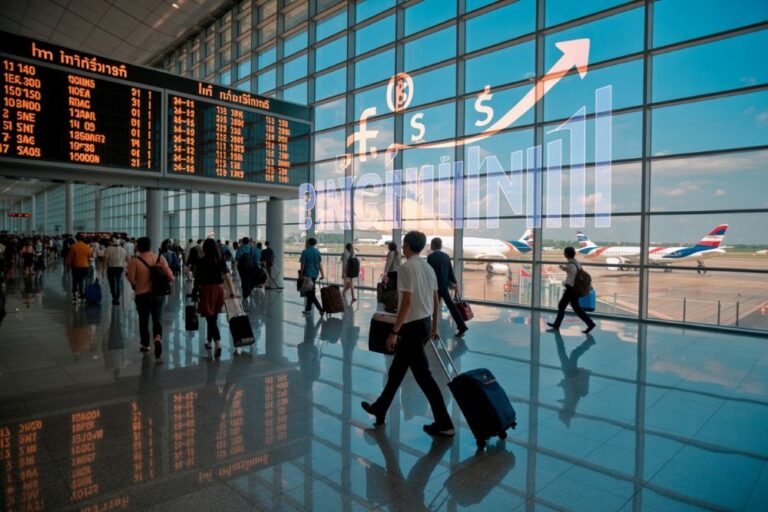 Busy airport departures hall with travelers pulling luggage and a large flight information board overhead.