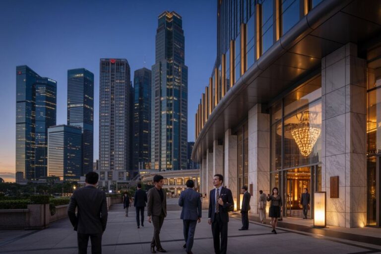 Professionals in suits converse on a plaza beside a marble office building, with a city skyline at dusk.