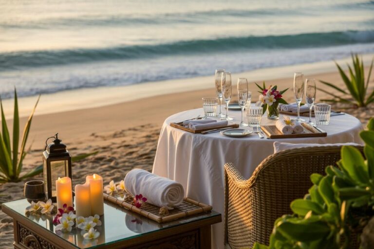 Romantic beachside dinner setup with a round table, white tablecloth, candles, and tropical flowers by the shore at sunset.