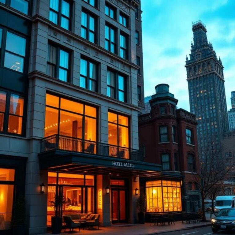 Hotel entrance on a city street at dusk, warm light glowing through large windows.