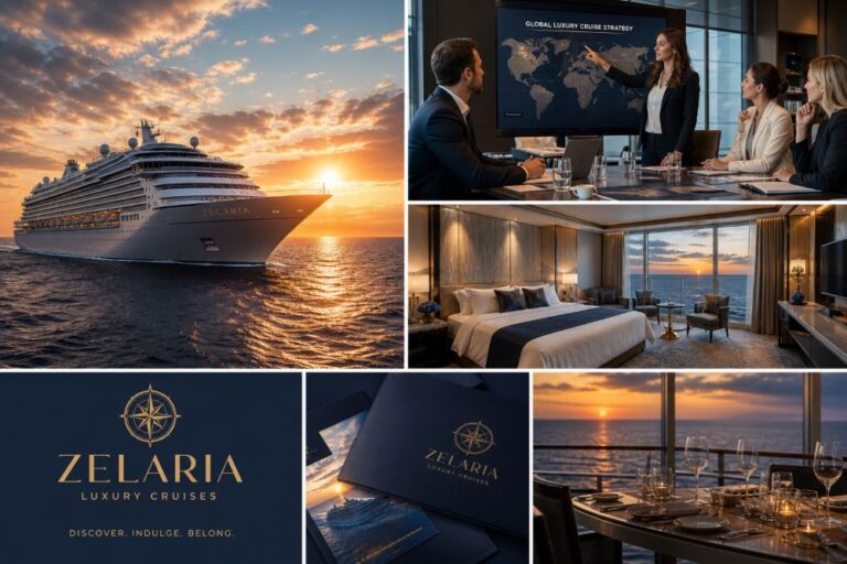 Collage promoting Zelaria Luxury Cruises: cruise ship at sunset, luxury cabin, boardroom presentation, logo, and ocean-view dining.