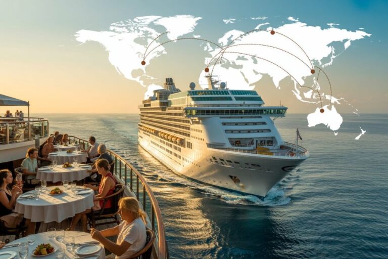 Cruise ship with passengers dining on an outdoor deck at sunset, overlaid by a world map showing travel routes in arcs across continents.