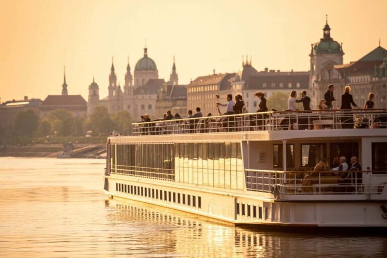 Sunset-lit river cruise boat with passengers on the upper deck, landmarks and domed towers in the distance.