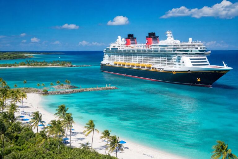 Large cruise ship anchored off a tropical white-sand beach with palm trees and turquoise water.