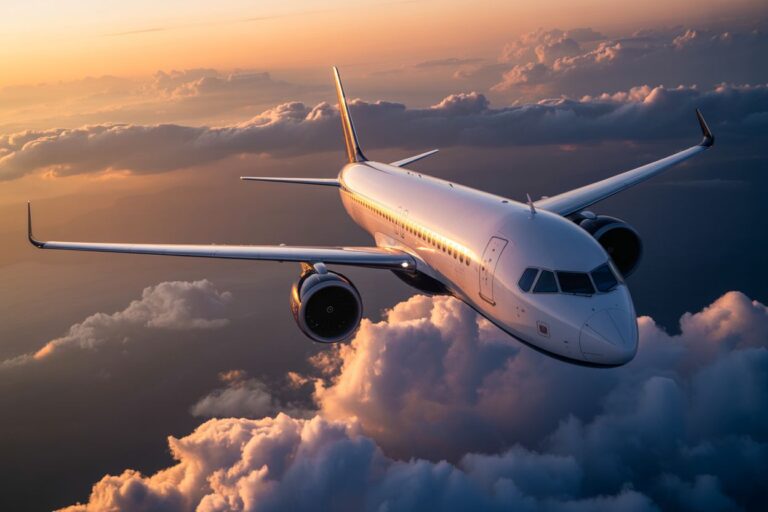 White passenger jet flying above orange-tinged clouds at sunset, wings spread wide and engines glowing softly.