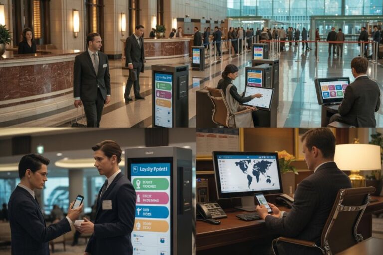 Business professionals walk through a marble hotel lobby with self-service kiosks and reception desks nearby.