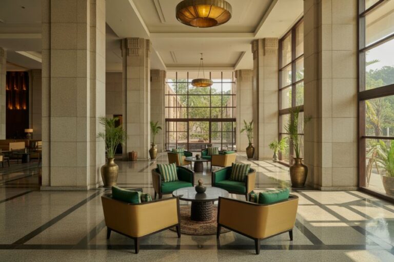 Spacious hotel lobby with tan and green lounge chairs around round coffee tables and potted plants by tall windows.