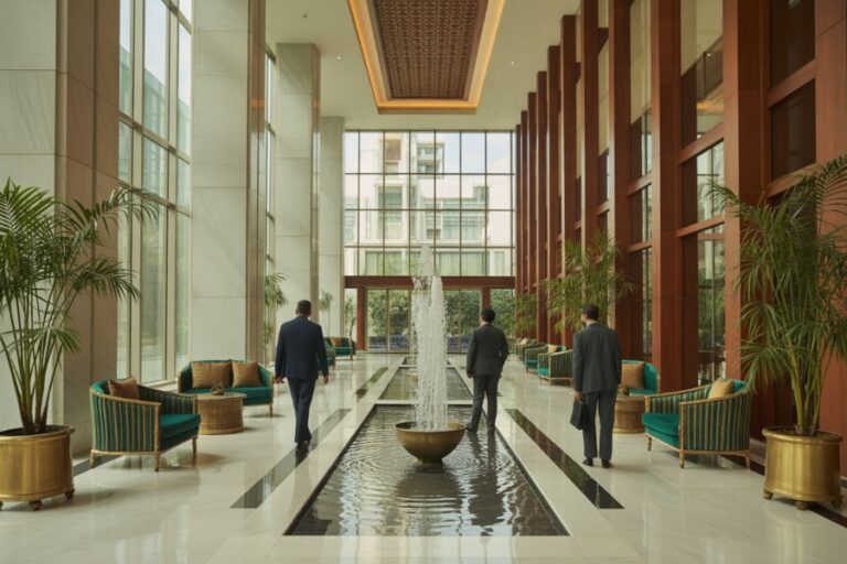 Luxurious hotel lobby with a central fountain, seating along a glass-walled atrium, and three men in suits walking nearby.